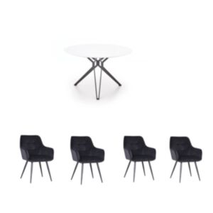 Set: Jedilna miza HM PIXEL, bela, fi120 cm + 4x stol Luca - črni žamet